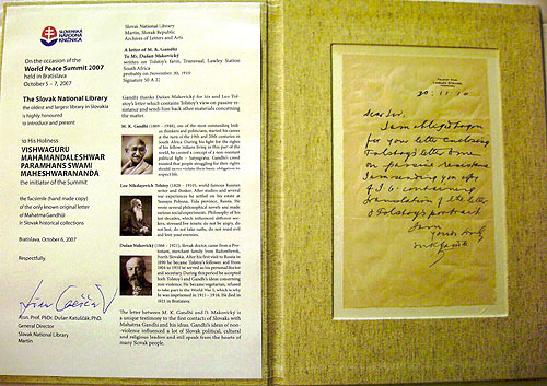 A copy of a hand-written letter of Mahatma Gandhi, the only such document in the Slovak National Library’s possession, was presented to his Holiness Swamiji A copy of a hand-written letter of Mahatma Gandhi, the only such document in the Slovak National Library’s possession, was presented to his Holiness Swamiji
